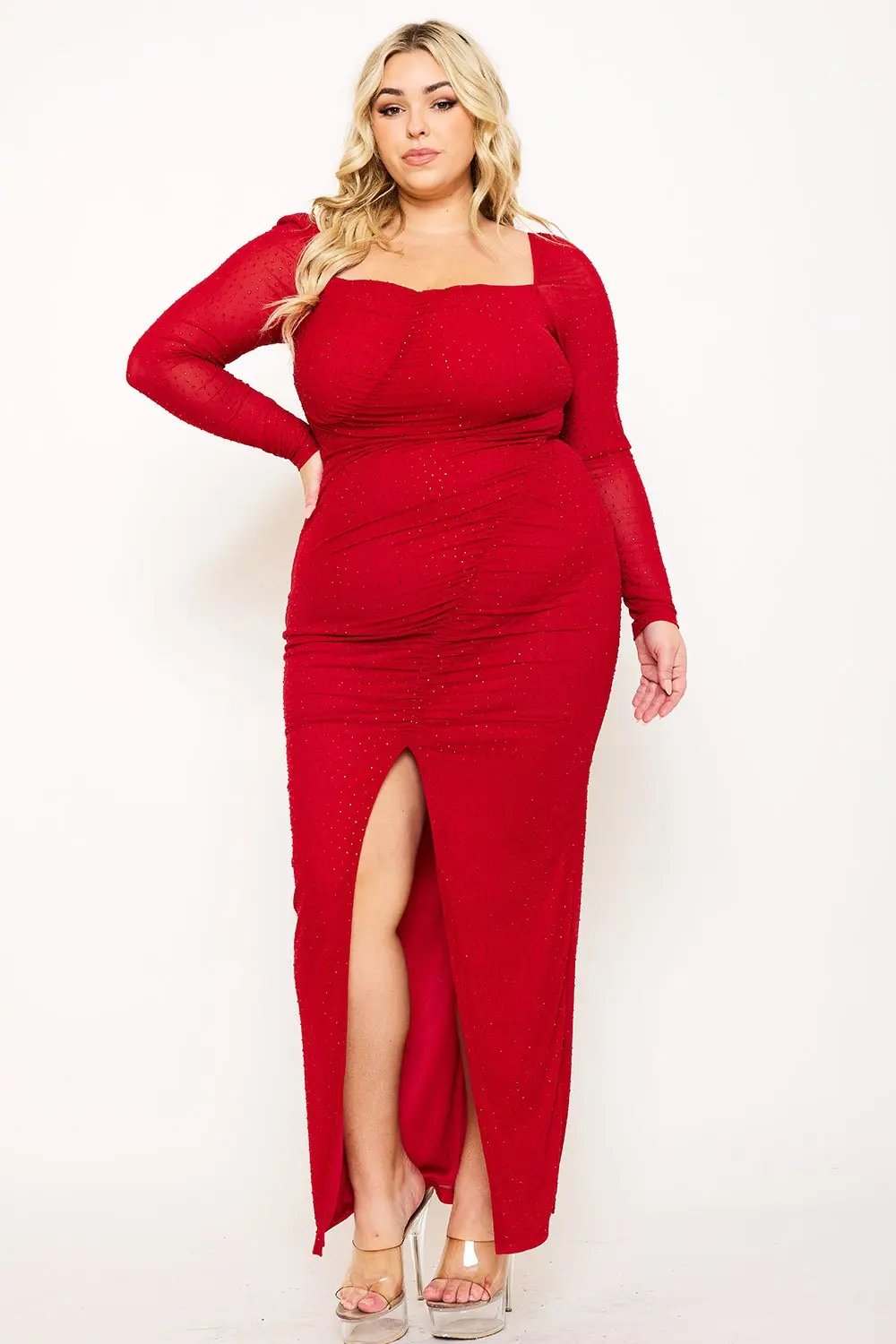 Plus Size Maxi Dress – Ruched Mesh Rhinestone Gown With Sheer Sleeves BOUTINIE