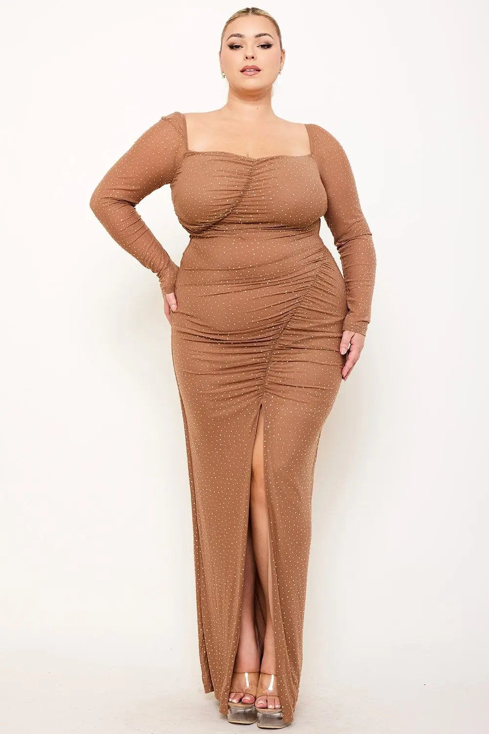 Plus Size Maxi Dress – Ruched Mesh Rhinestone Gown With Sheer Sleeves BOUTINIE