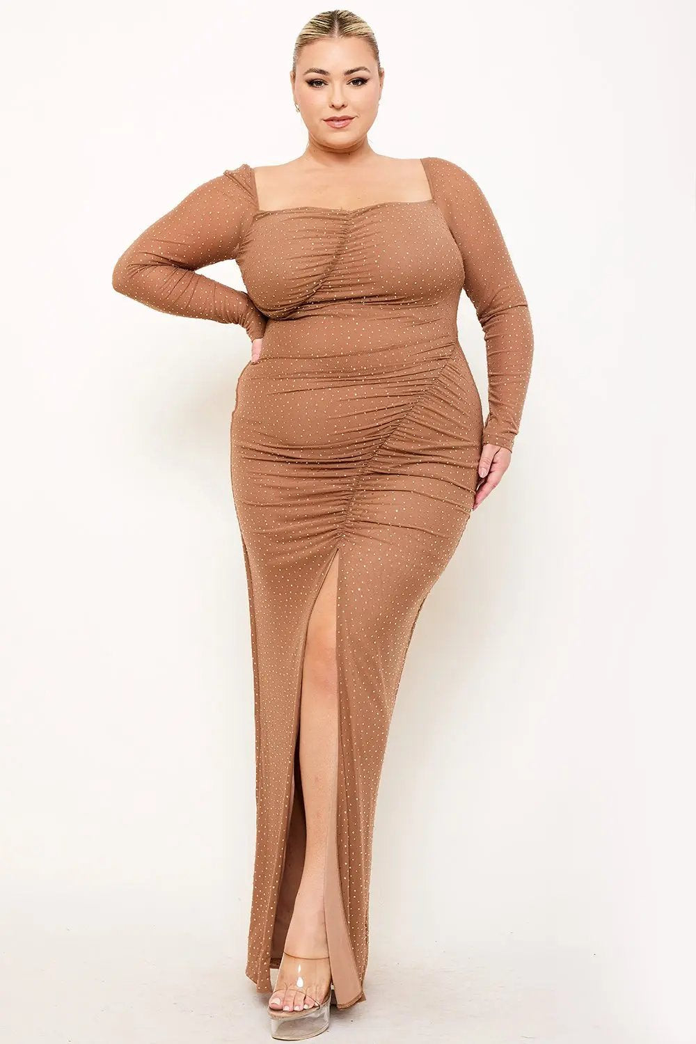 Plus Size Maxi Dress – Ruched Mesh Rhinestone Gown With Sheer Sleeves BOUTINIE