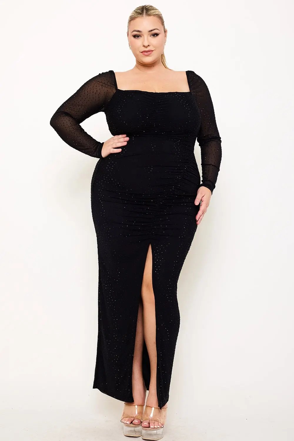 Plus Size Maxi Dress – Ruched Mesh Rhinestone Gown With Sheer Sleeves BOUTINIE