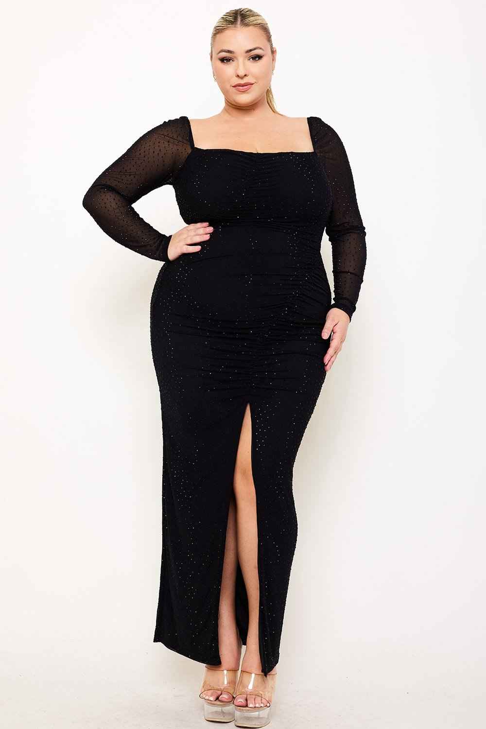 Rhinestone On Mesh Ruched Plus Size Maxi Dress