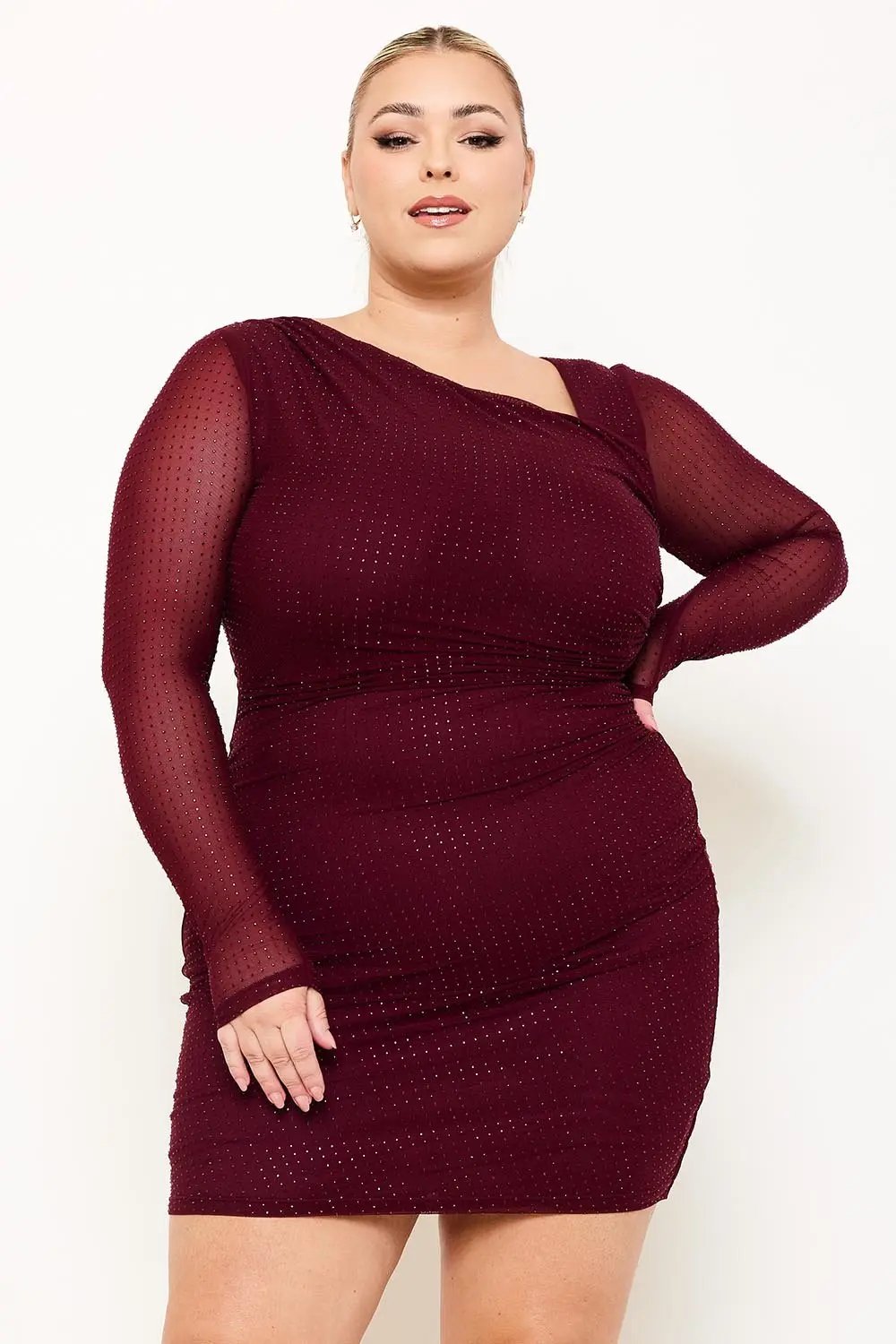 Plus Size Mini Dress - Rhinestone Mesh Asymmetric Neckline & Long Sleeve Party Wear BOUTINIE