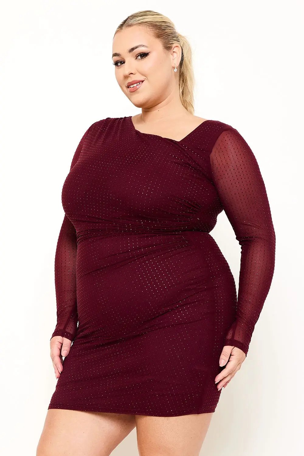 Plus Size Mini Dress - Rhinestone Mesh Asymmetric Neckline & Long Sleeve Party Wear BOUTINIE