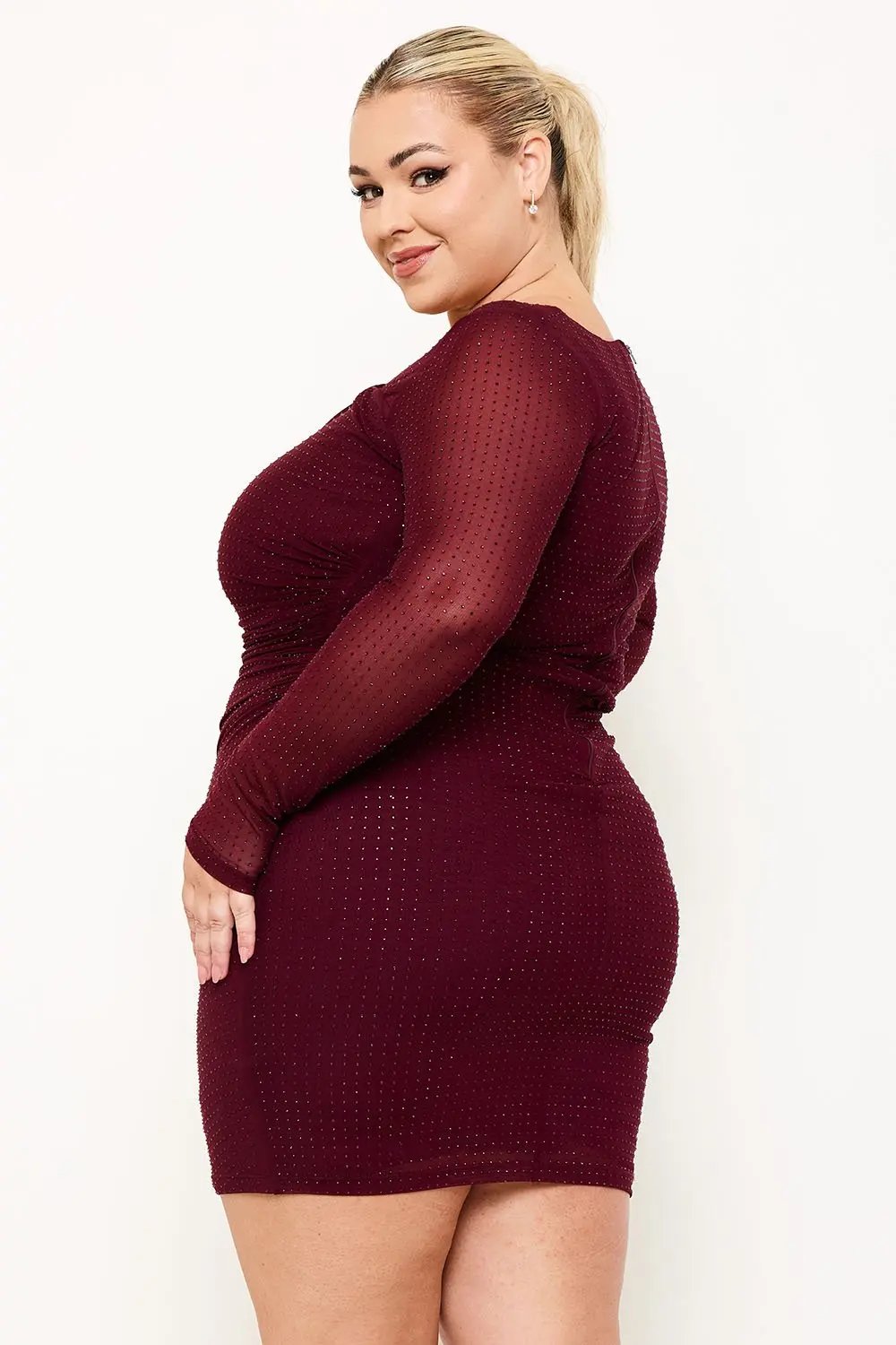 Plus Size Mini Dress - Rhinestone Mesh Asymmetric Neckline & Long Sleeve Party Wear BOUTINIE