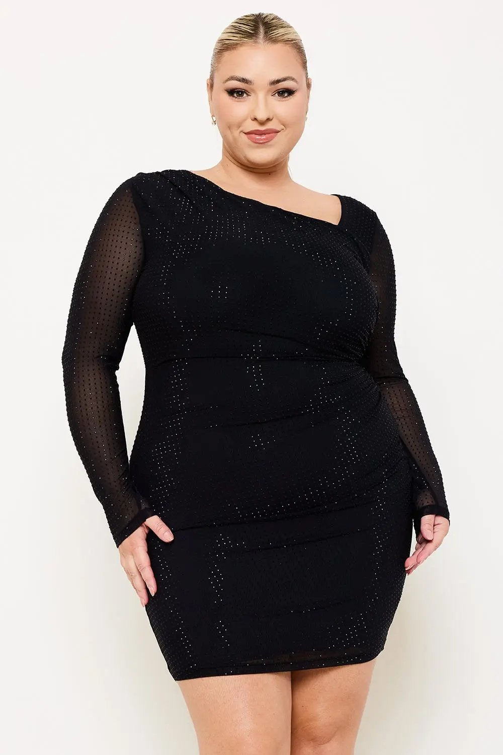 Plus Size Mini Dress - Rhinestone Mesh Asymmetric Neckline & Long Sleeve Party Wear BOUTINIE