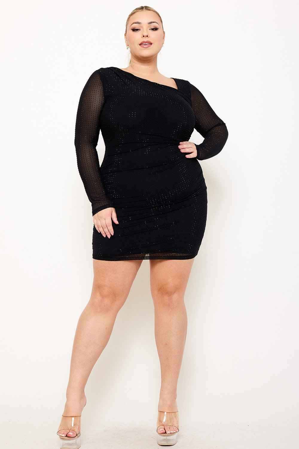 Rhinestone On Power Mesh Plus Size Mini Dress