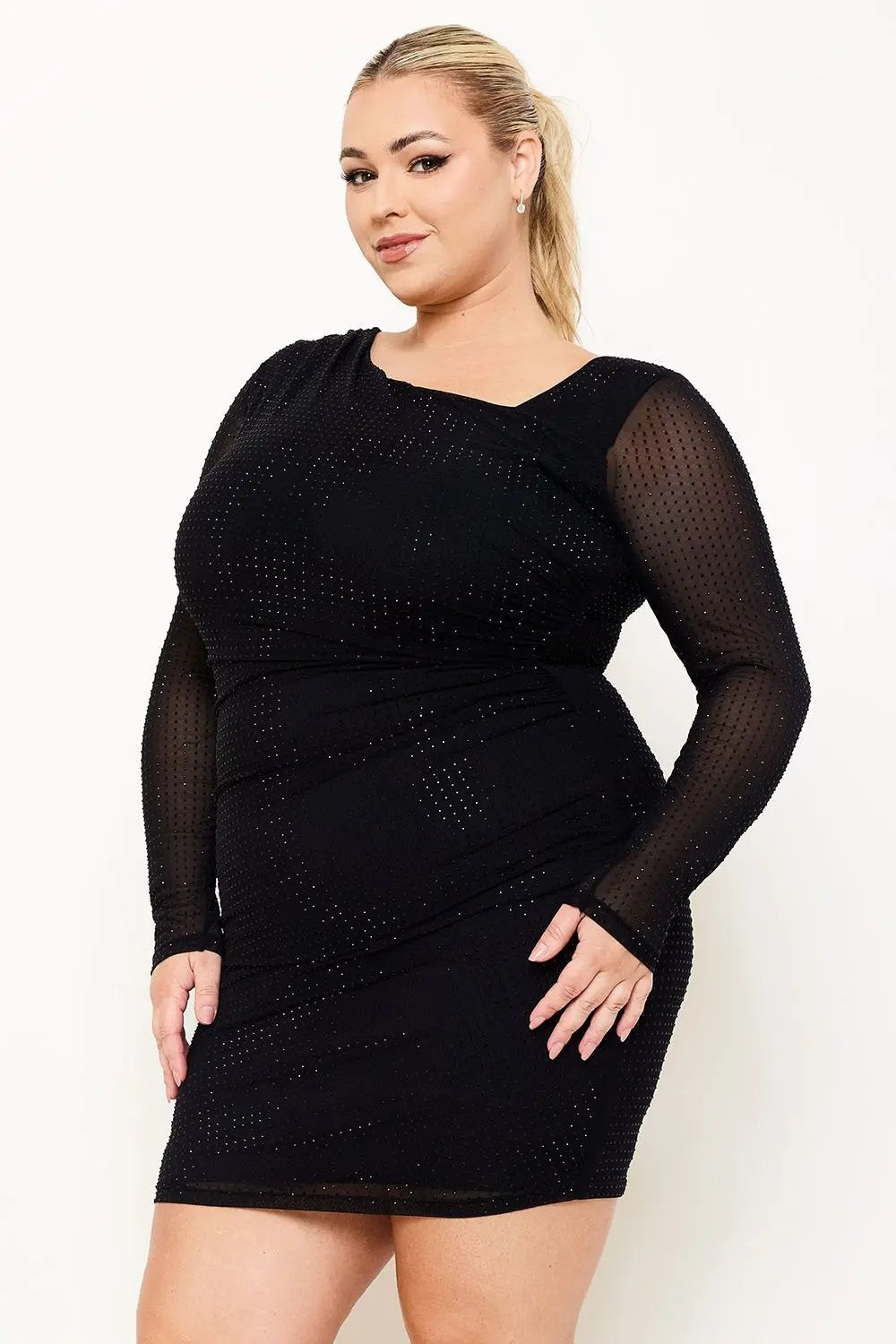 Plus Size Mini Dress - Rhinestone Mesh Asymmetric Neckline & Long Sleeve Party Wear BOUTINIE