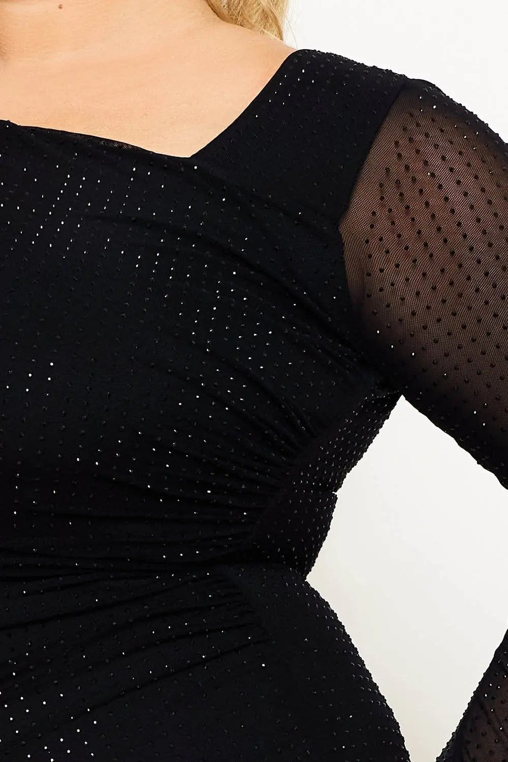Plus Size Mini Dress - Rhinestone Mesh Asymmetric Neckline & Long Sleeve Party Wear BOUTINIE