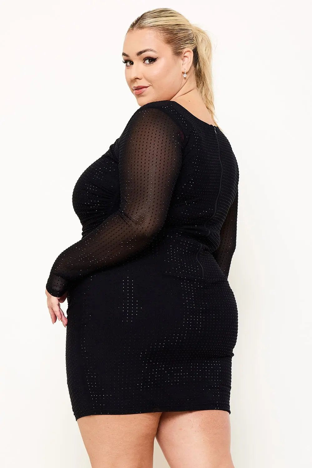 Plus Size Mini Dress - Rhinestone Mesh Asymmetric Neckline & Long Sleeve Party Wear BOUTINIE