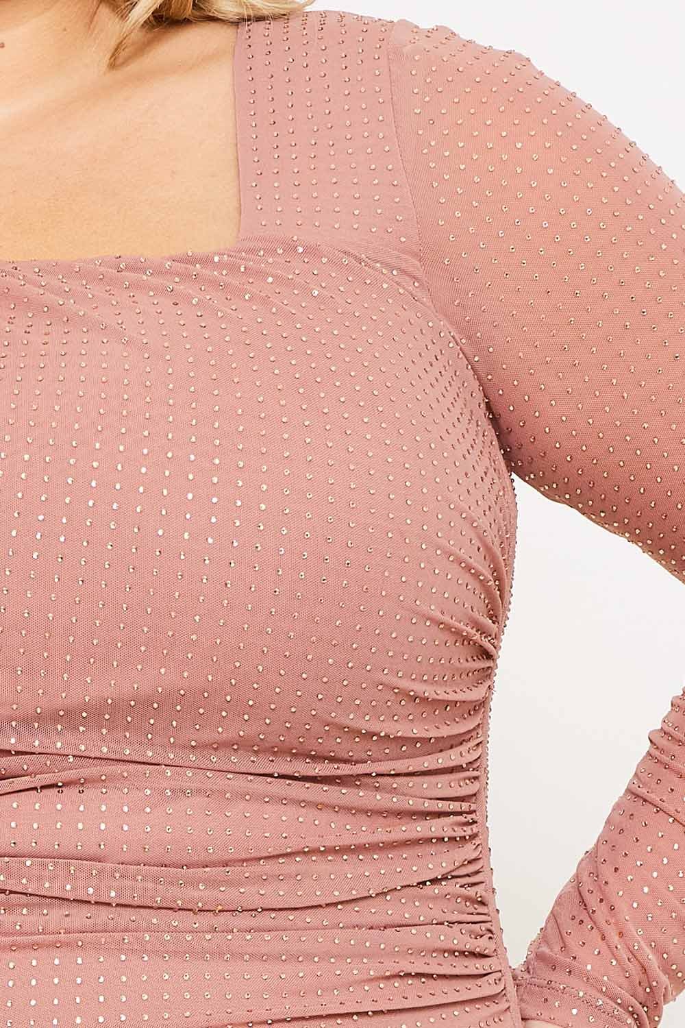 Plus Size Mini Dress - Rhinestone Mesh Asymmetric Neckline & Long Sleeve Party Wear BOUTINIE