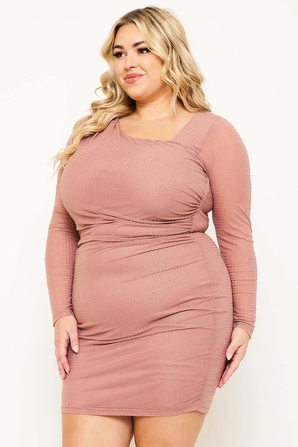 Plus Size Mini Dress - Rhinestone Mesh Asymmetric Neckline & Long Sleeve Party Wear BOUTINIE