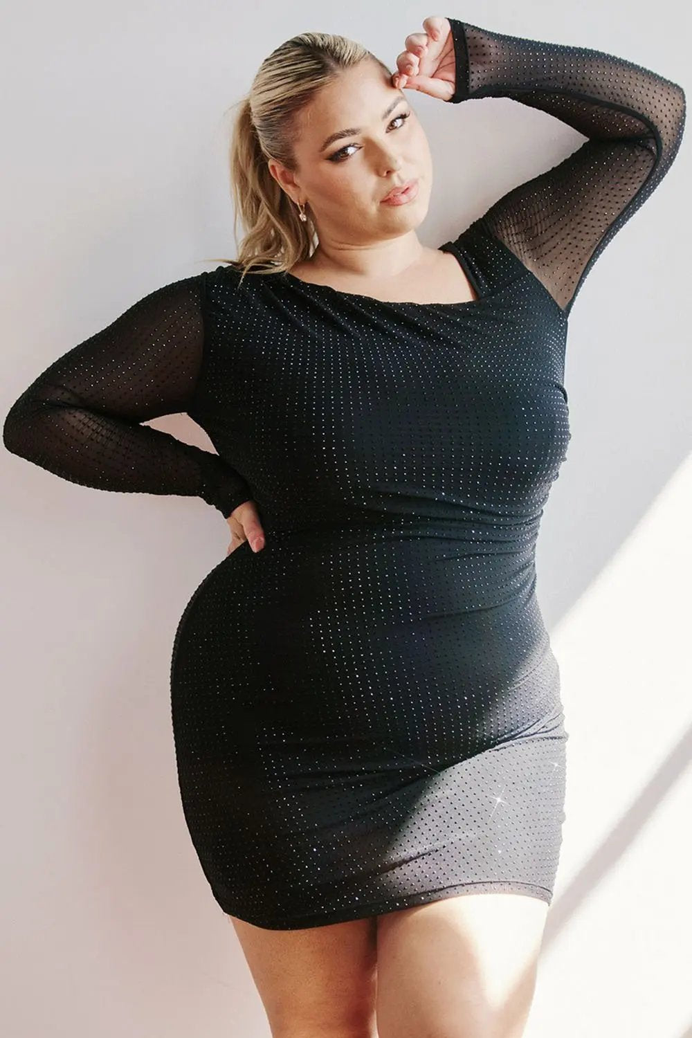 Plus Size Mini Dress - Rhinestone Mesh Asymmetric Neckline & Long Sleeve Party Wear BOUTINIE