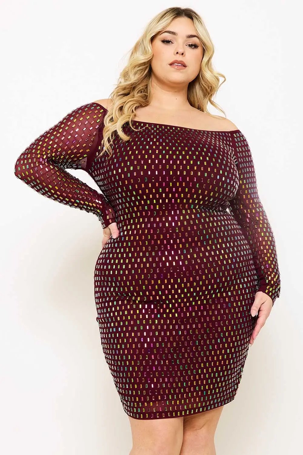 Plus Size Mini Dress - Off Shoulder Power Mesh Rhinestone Slip-On BOUTINIE