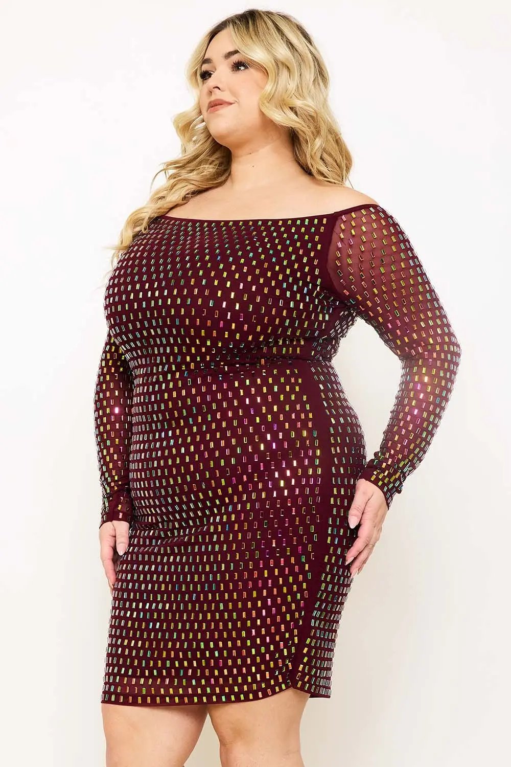 Plus Size Mini Dress - Off Shoulder Power Mesh Rhinestone Slip-On BOUTINIE