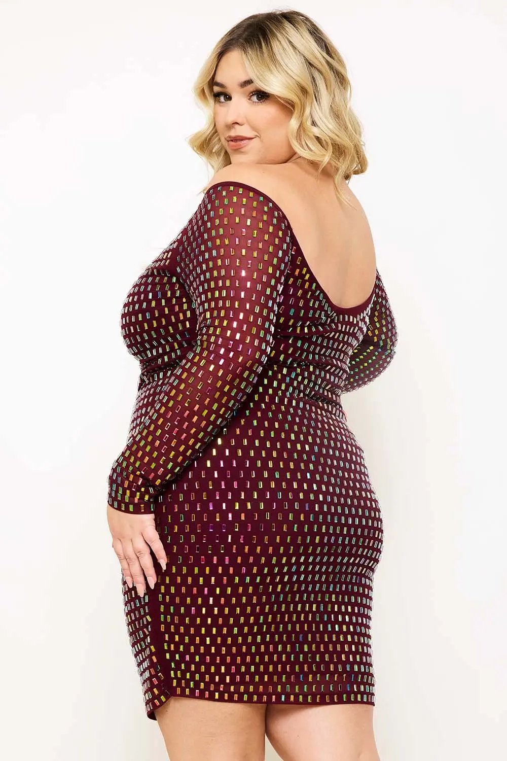 Plus Size Mini Dress - Off Shoulder Power Mesh Rhinestone Slip-On BOUTINIE