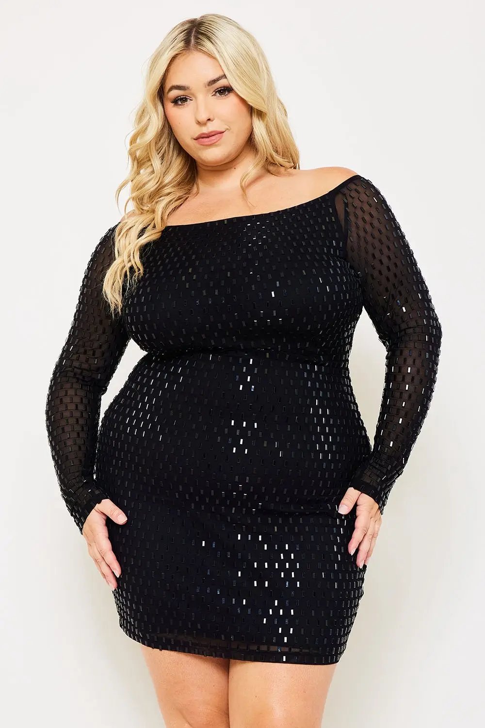 Plus Size Mini Dress - Off Shoulder Power Mesh Rhinestone Slip-On BOUTINIE