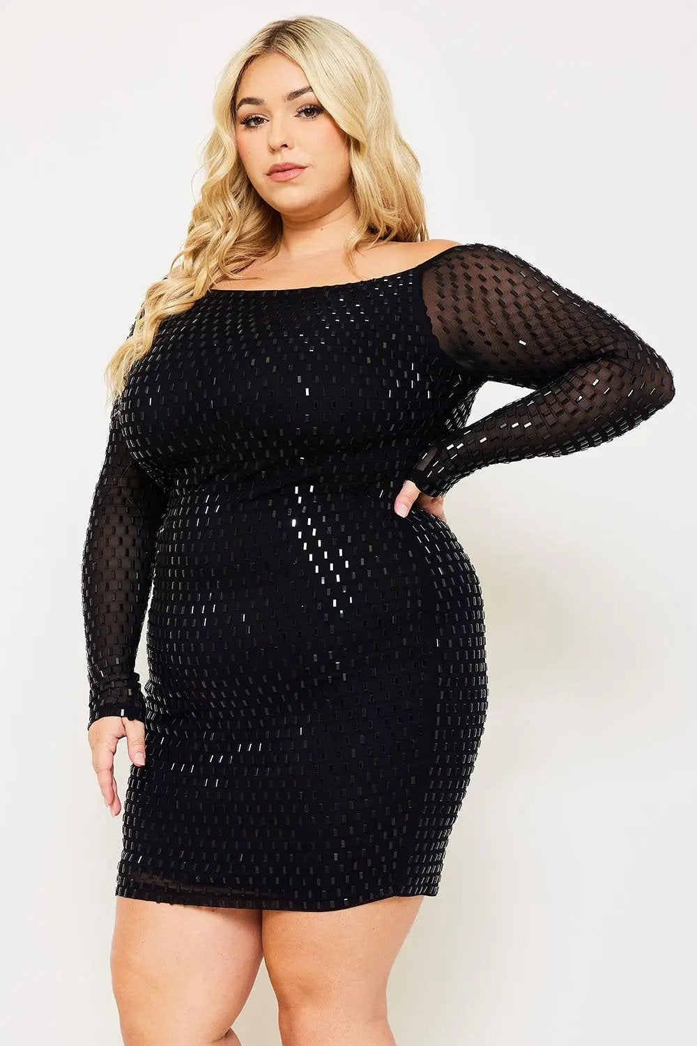 Plus Size Mini Dress - Off Shoulder Power Mesh Rhinestone Slip-On BOUTINIE