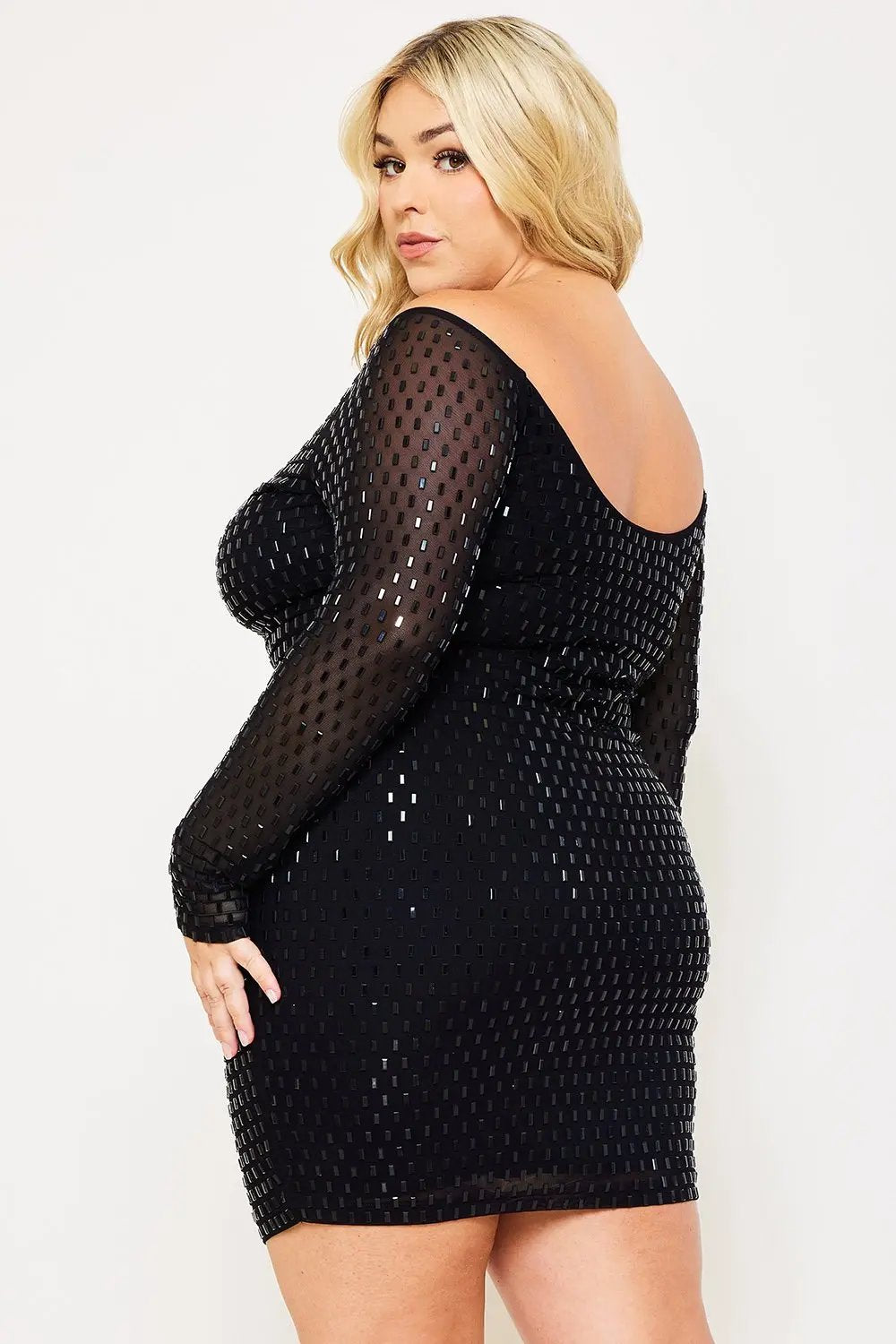 Plus Size Mini Dress - Off Shoulder Power Mesh Rhinestone Slip-On BOUTINIE