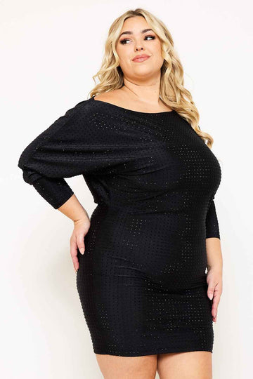 Shakira Rib With Rhinestone Plus Size Mini Dress