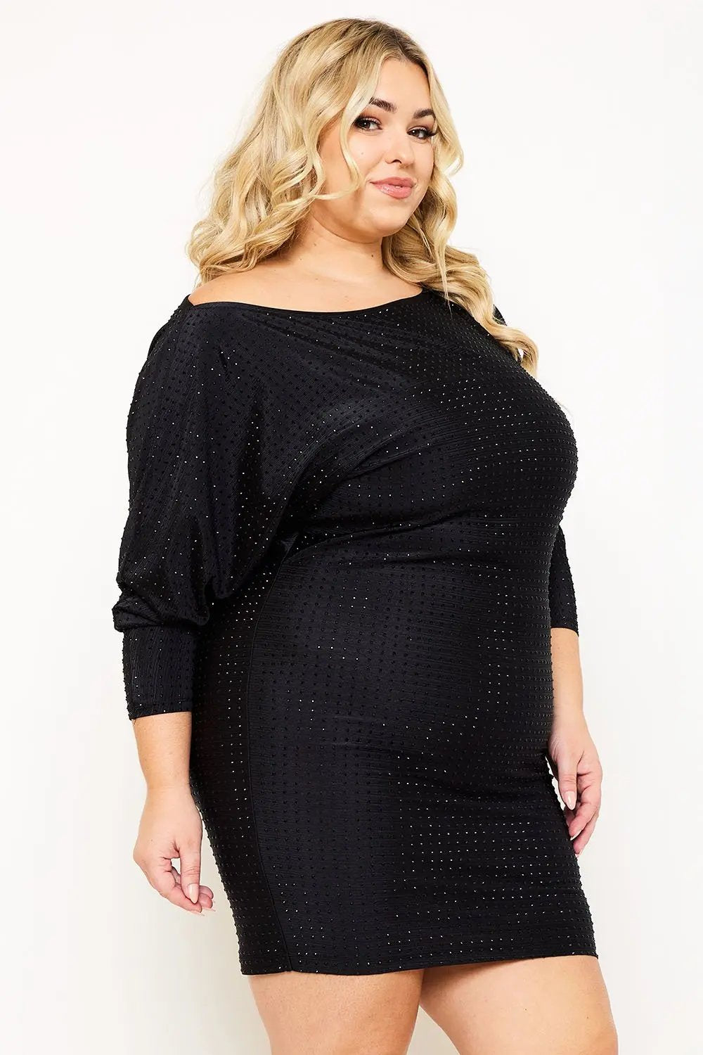 Plus Size Mini Dress - Ribbed Rhinestone Party Style With Dolman Sleeve BOUTINIE