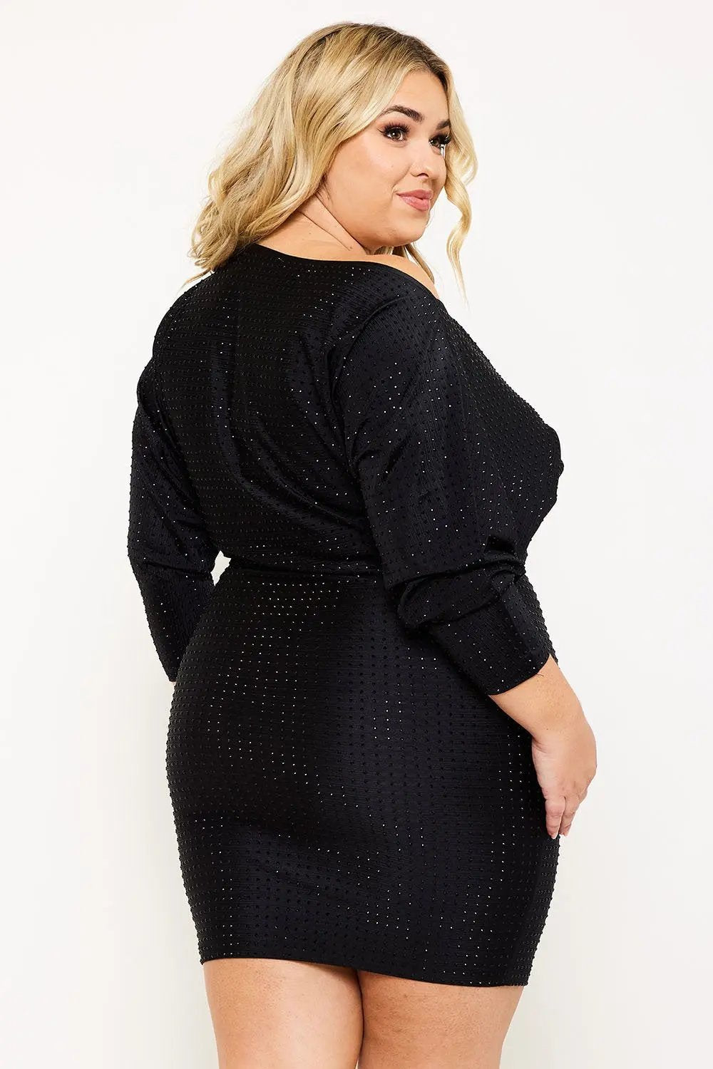 Plus Size Mini Dress - Ribbed Rhinestone Party Style With Dolman Sleeve BOUTINIE