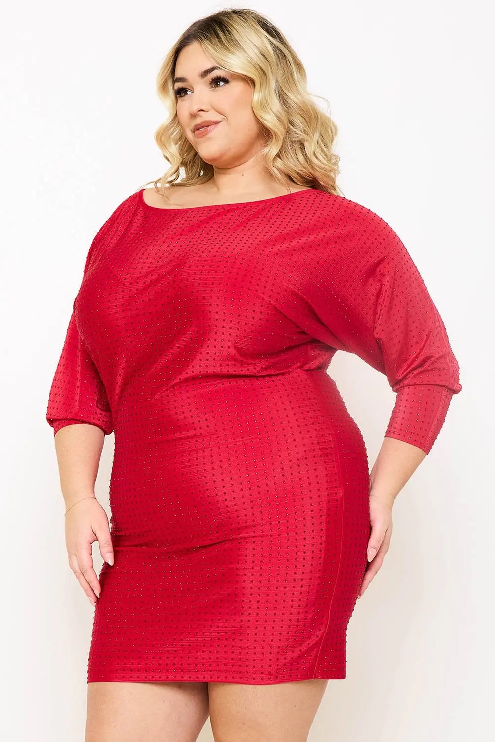Plus Size Mini Dress - Ribbed Rhinestone Party Style With Dolman Sleeve BOUTINIE