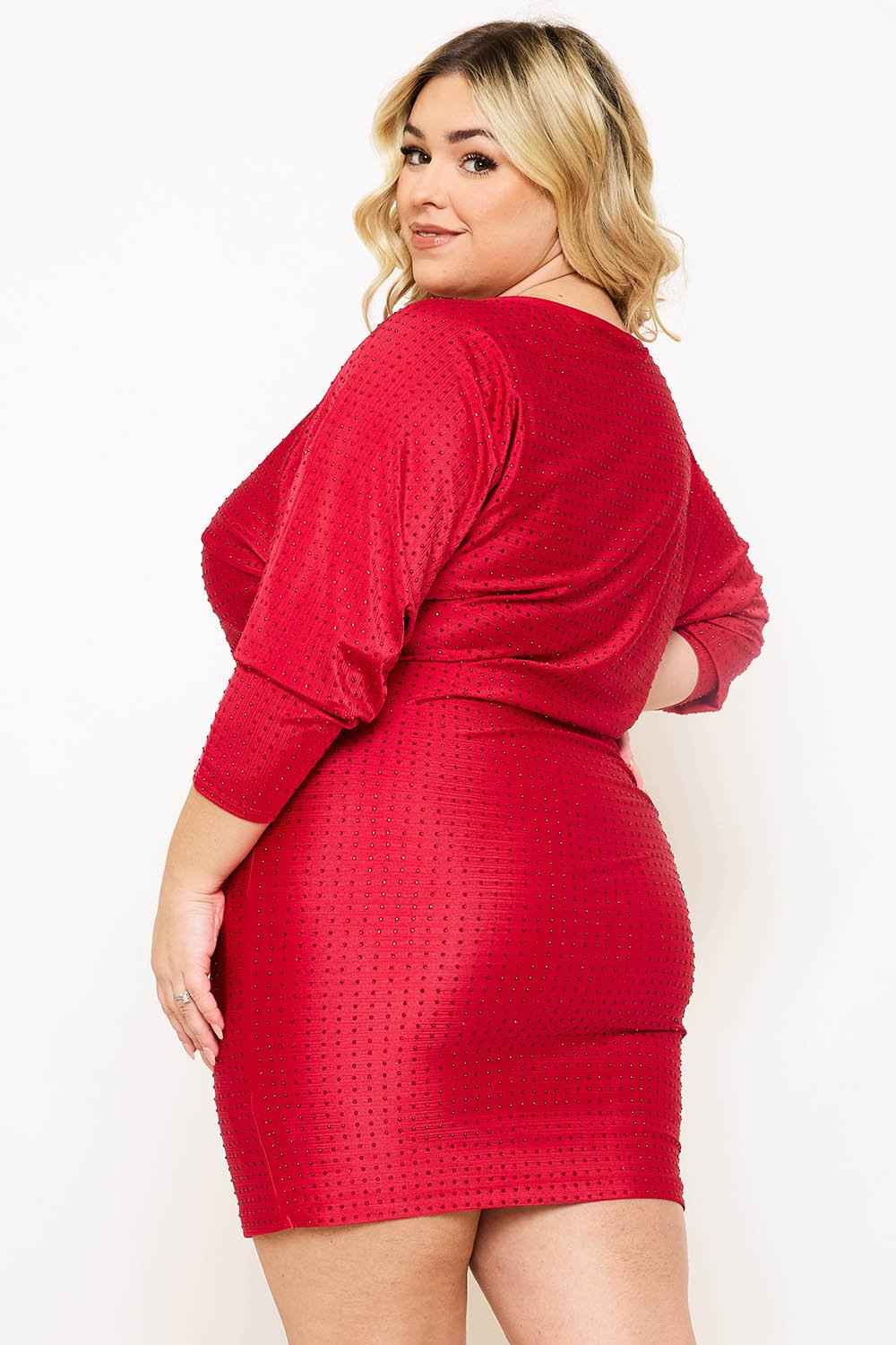 Shakira Rib With Rhinestone Plus Size Mini Dress