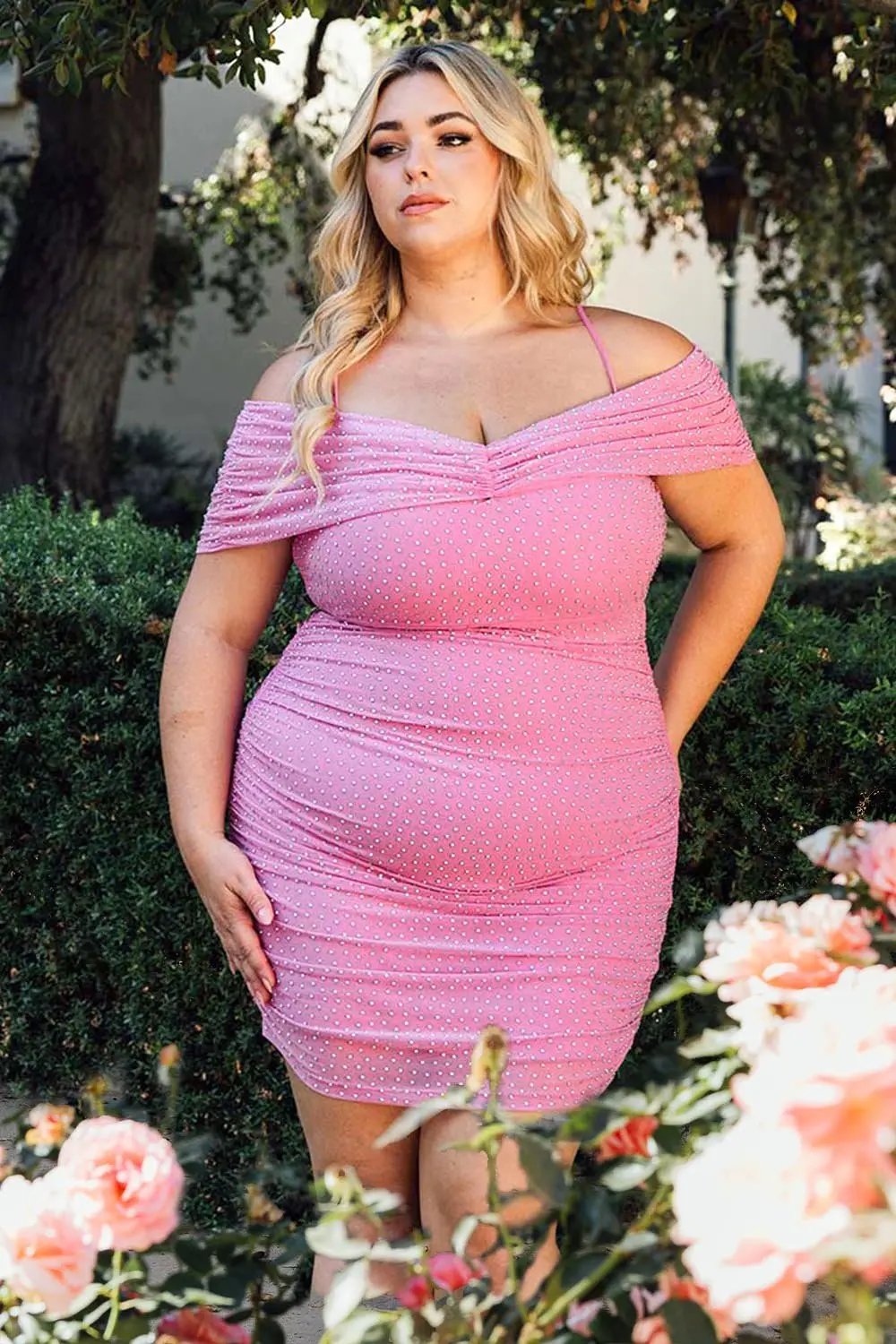 Plus Size Mini Dress - Rhinestone Power Mesh With Adjustable Straps & Zipper Skirt BOUTINIE