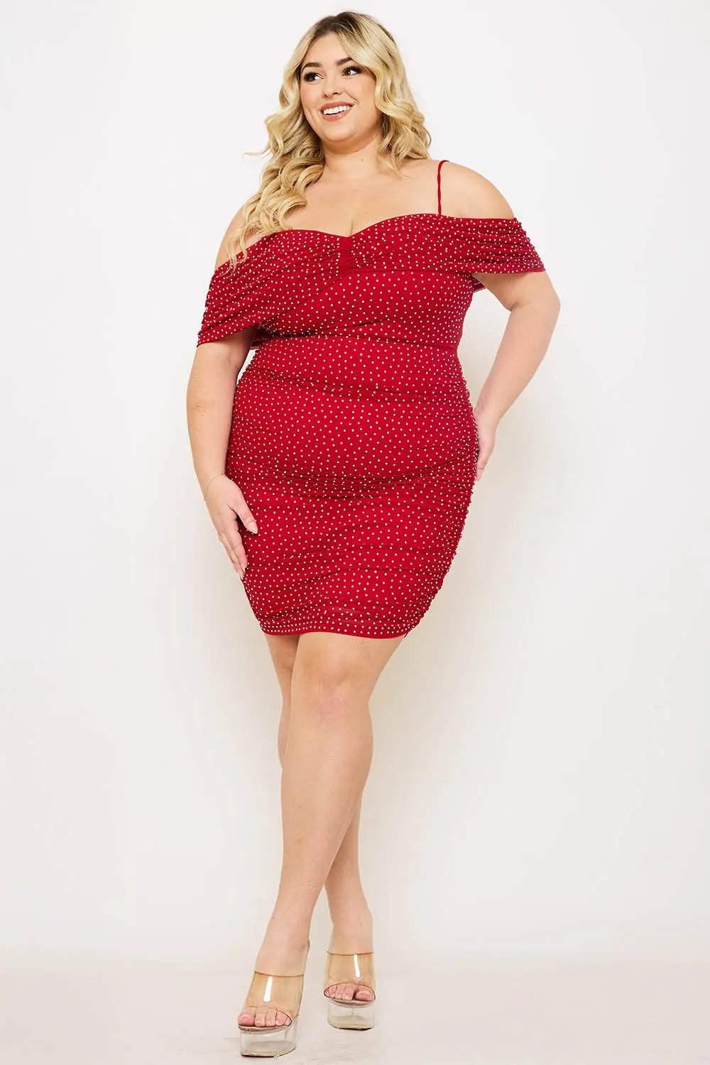 Plus Size Mini Dress - Rhinestone Power Mesh With Adjustable Straps & Zipper Skirt BOUTINIE