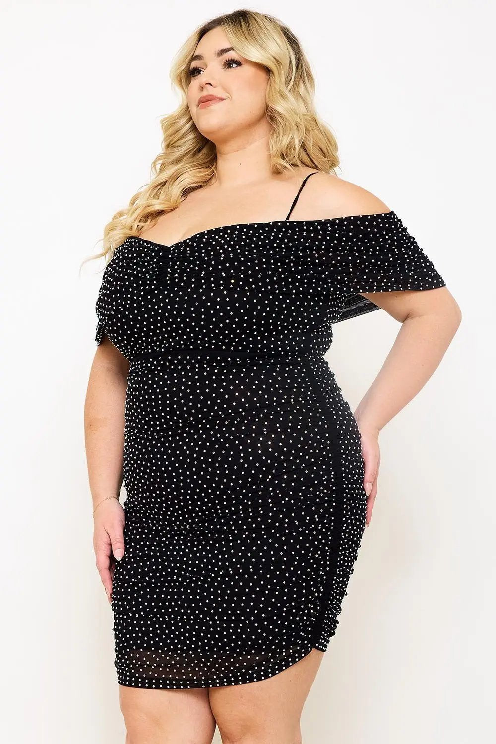 Plus Size Mini Dress - Rhinestone Power Mesh With Adjustable Straps & Zipper Skirt BOUTINIE