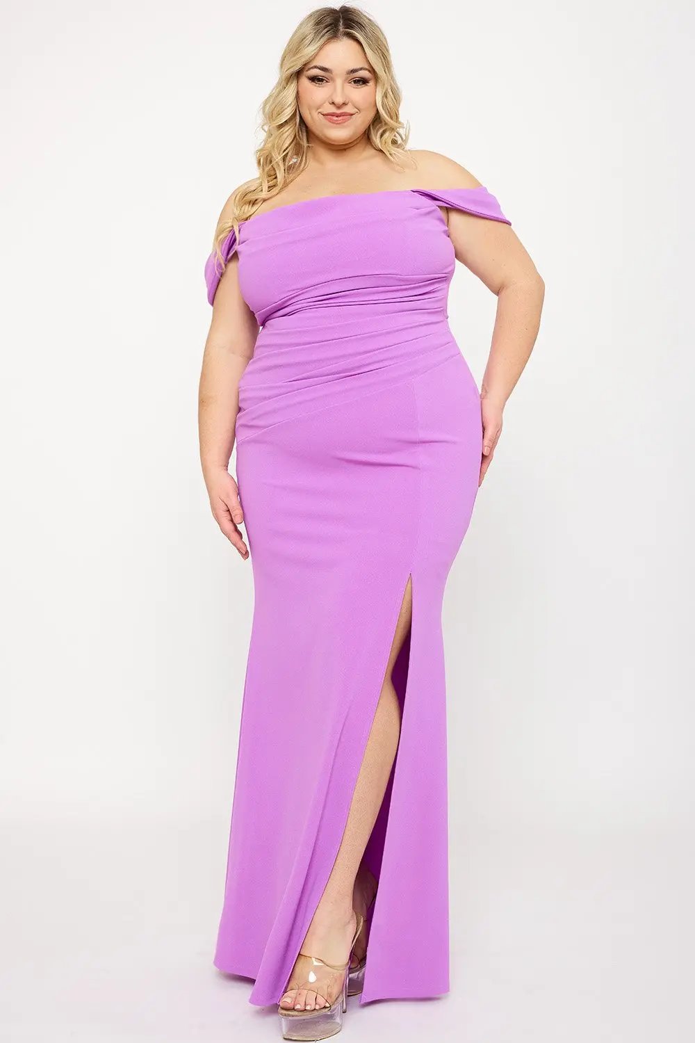Plus Size Maxi Dress - Off Shoulder Pleated Flared Bottom Gown BOUTINIE