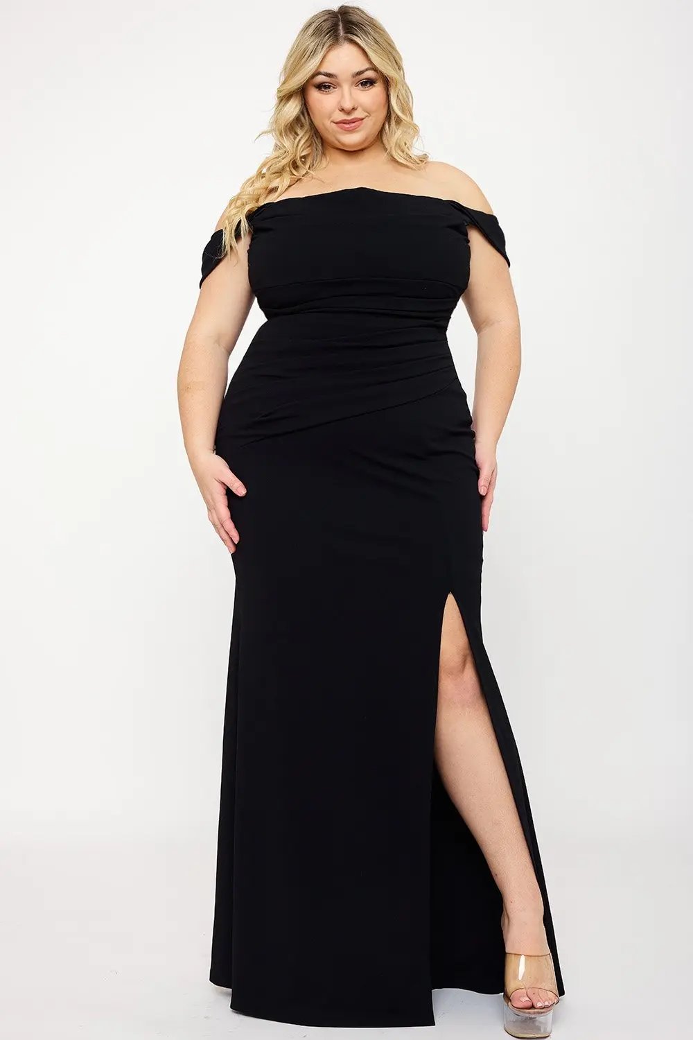 Plus Size Maxi Dress - Off Shoulder Pleated Flared Bottom Gown BOUTINIE