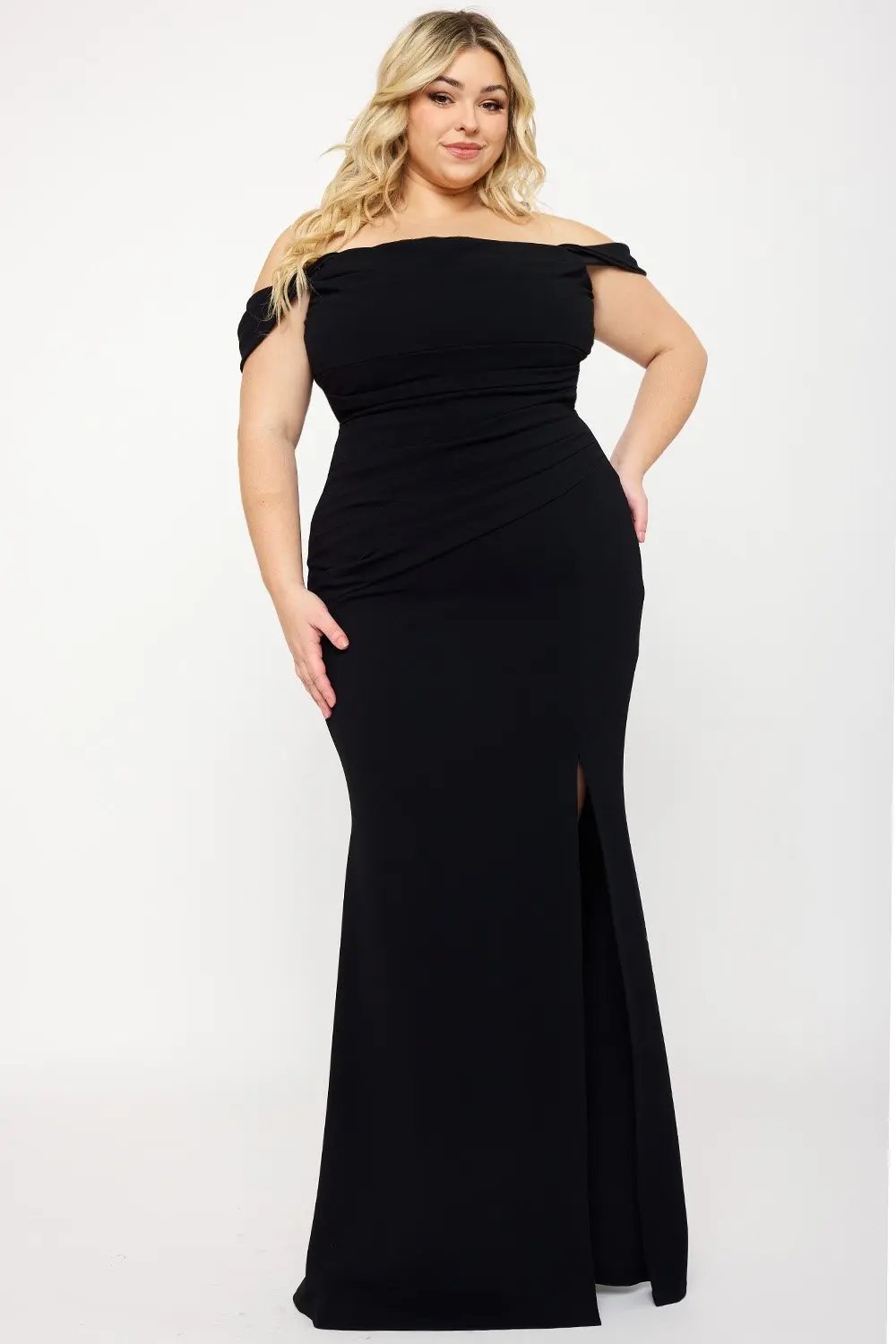 Plus Size Maxi Dress - Off Shoulder Pleated Flared Bottom Gown BOUTINIE