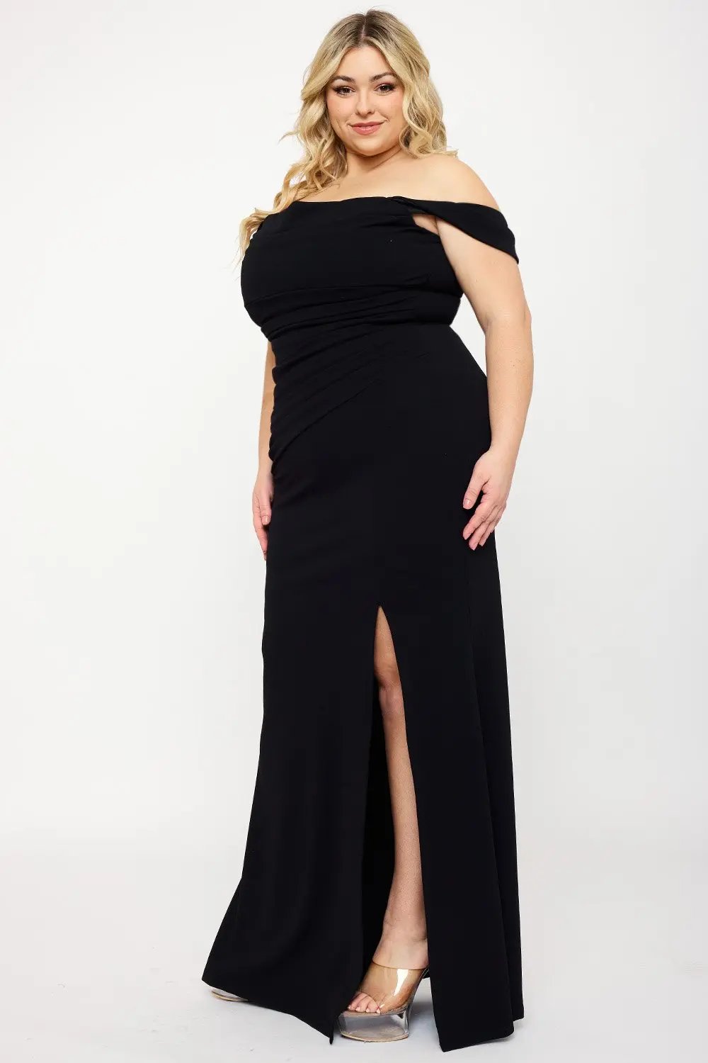 Plus Size Maxi Dress - Off Shoulder Pleated Flared Bottom Gown BOUTINIE