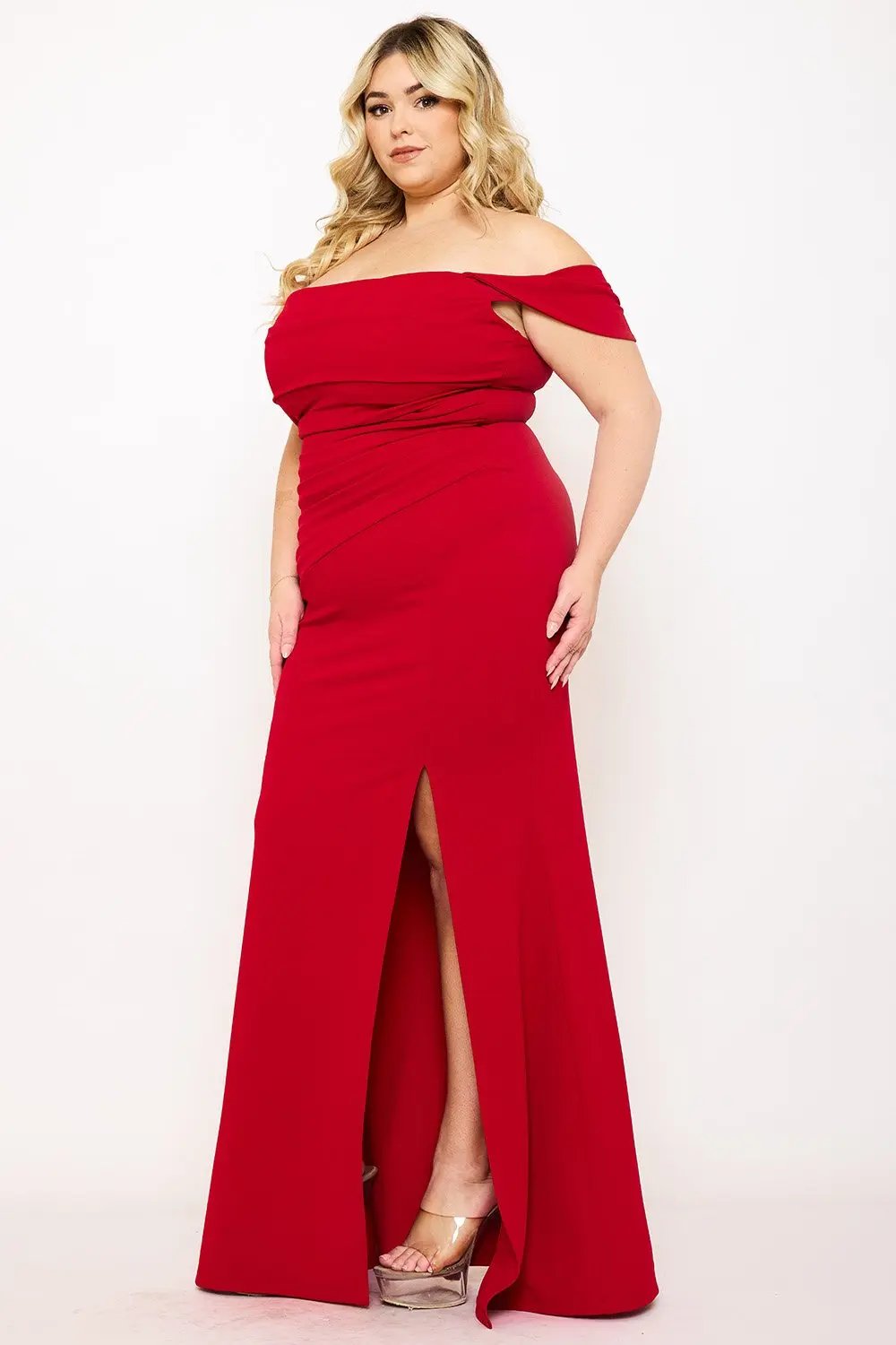 Plus Size Maxi Dress - Off Shoulder Pleated Flared Bottom Gown BOUTINIE