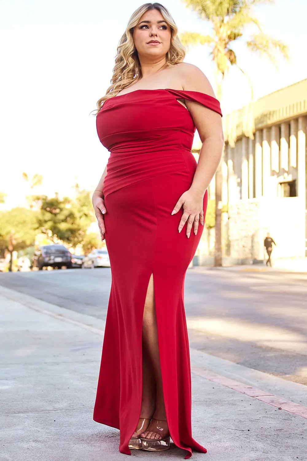 Plus Size Maxi Dress - Off Shoulder Pleated Flared Bottom Gown BOUTINIE