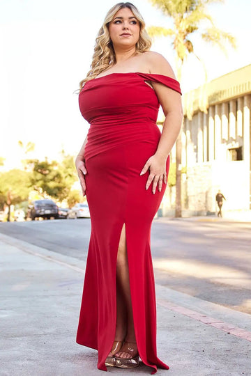 Plus Size Maxi Dress - Off Shoulder Pleated Flared Bottom Gown BOUTINIE