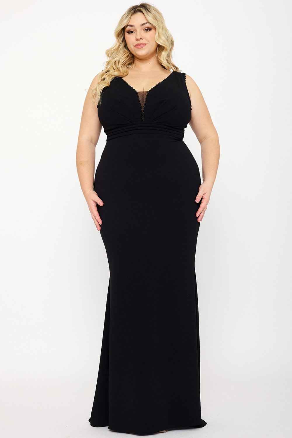 Mesh Detailed On Bust Pleated Plus Size Maxi Dress