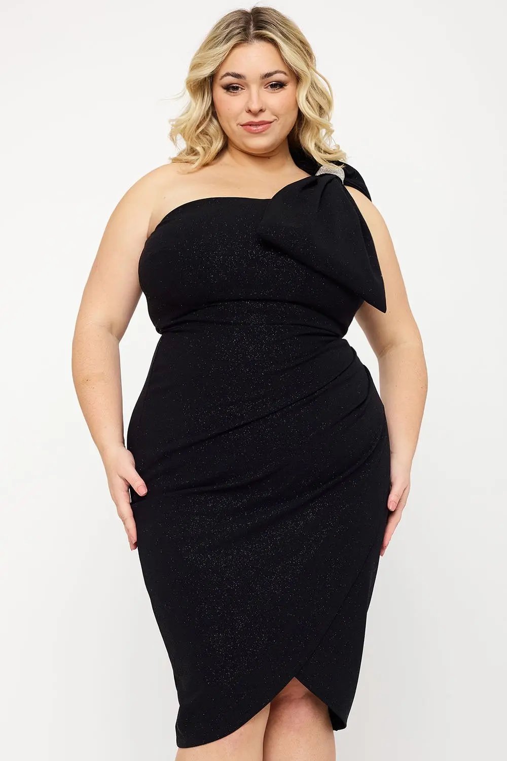 Plus Size Mini Dress – Glitter One Shoulder Ruched Wrap Party Dress BOUTINIE