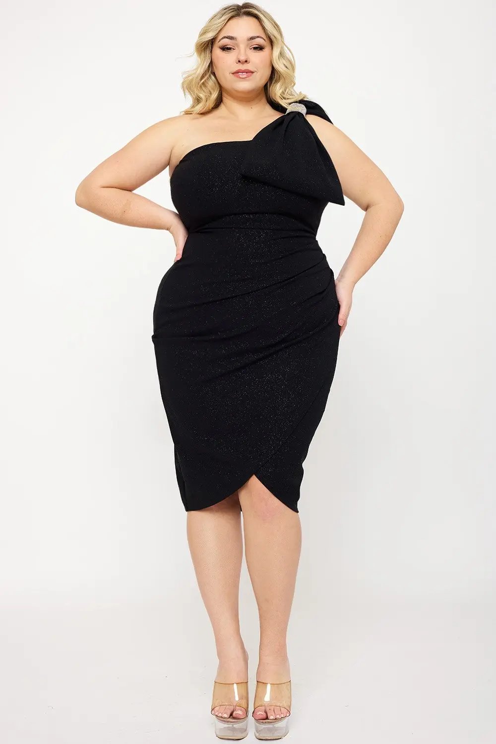 Plus Size Mini Dress – Glitter One Shoulder Ruched Wrap Party Dress BOUTINIE