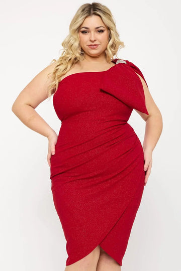 Plus Size Mini Dress – Glitter One Shoulder Ruched Wrap Party Dress BOUTINIE