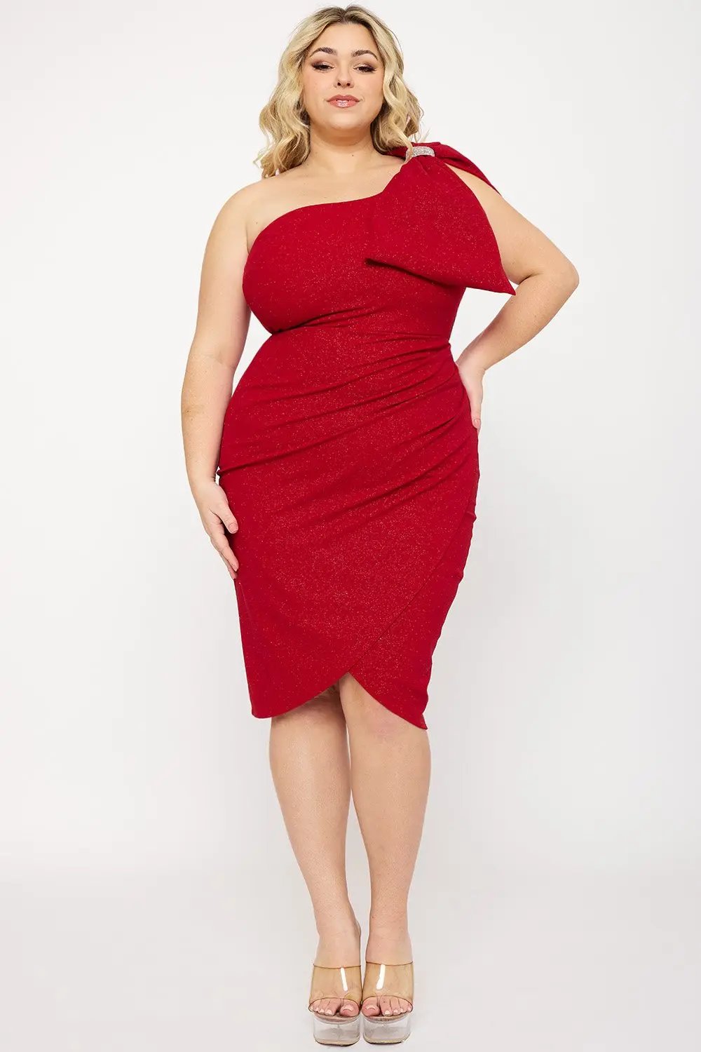 Plus Size Mini Dress – Glitter One Shoulder Ruched Wrap Party Dress BOUTINIE