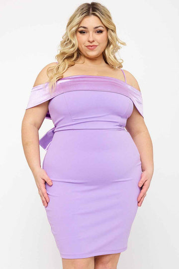 Contrast Fabric Open Shoulder Plus Size Mini Dress