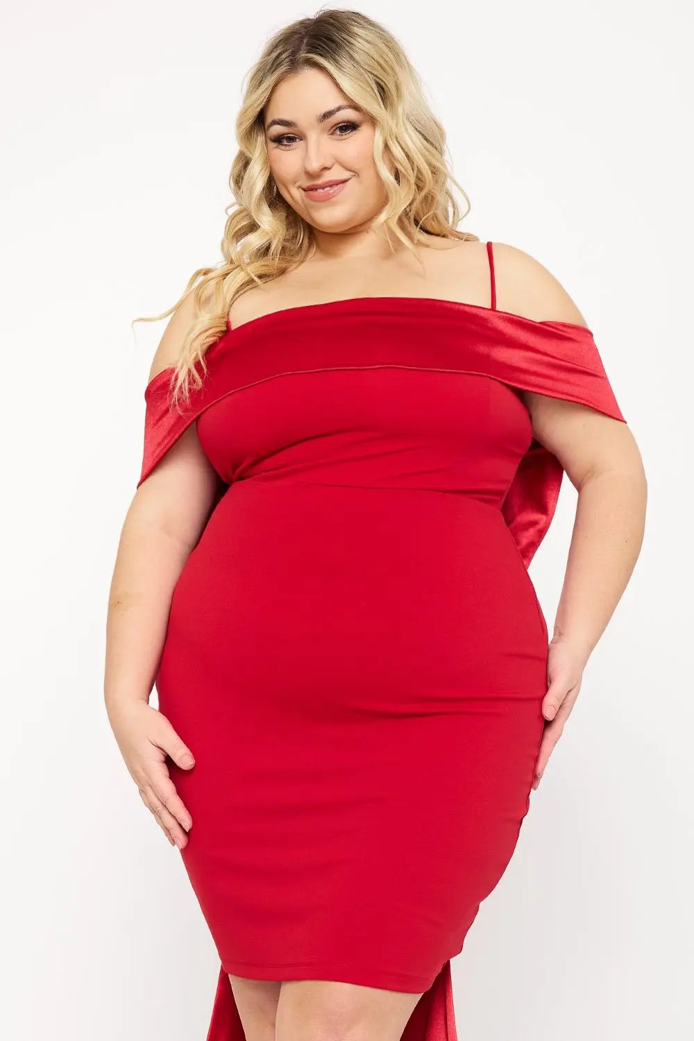 Plus Size Mini Dress – Open Shoulder Contrast Fabric With Adjustable Straps BOUTINIE