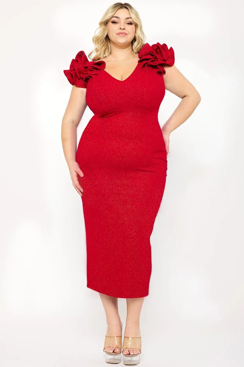 Plus Size Midi Dress – Glitter Ruffle Shoulder & Deep V-Neck Design BOUTINIE