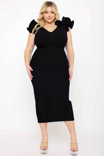 Glitter Ruffle Shoulders Plus Size Midi Dress