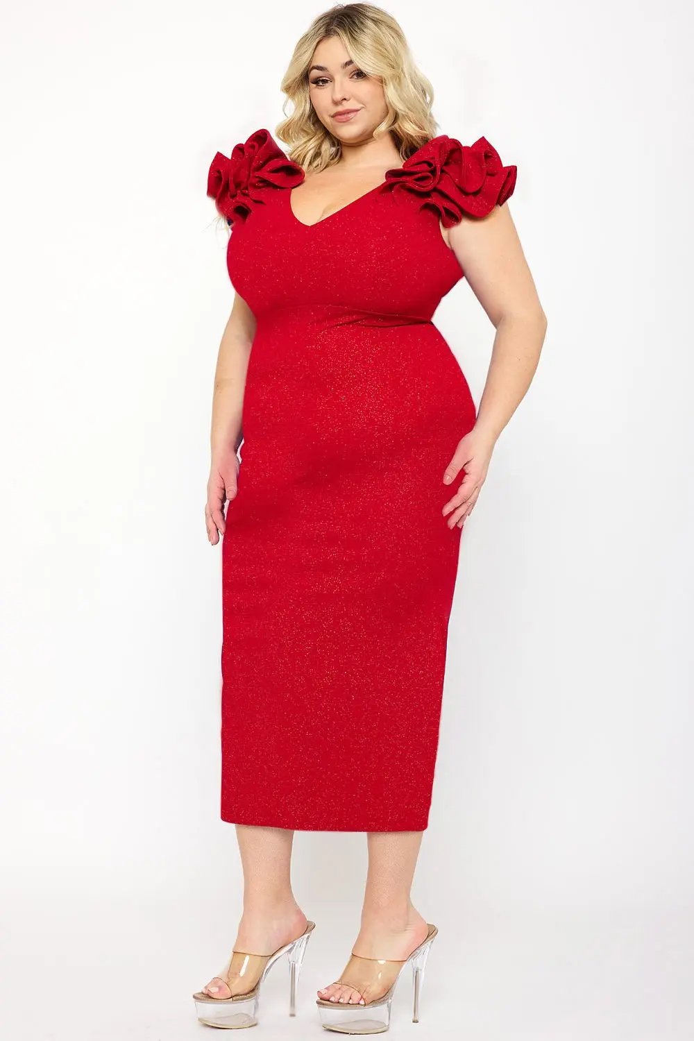 Plus Size Midi Dress – Glitter Ruffle Shoulder & Deep V-Neck Design BOUTINIE