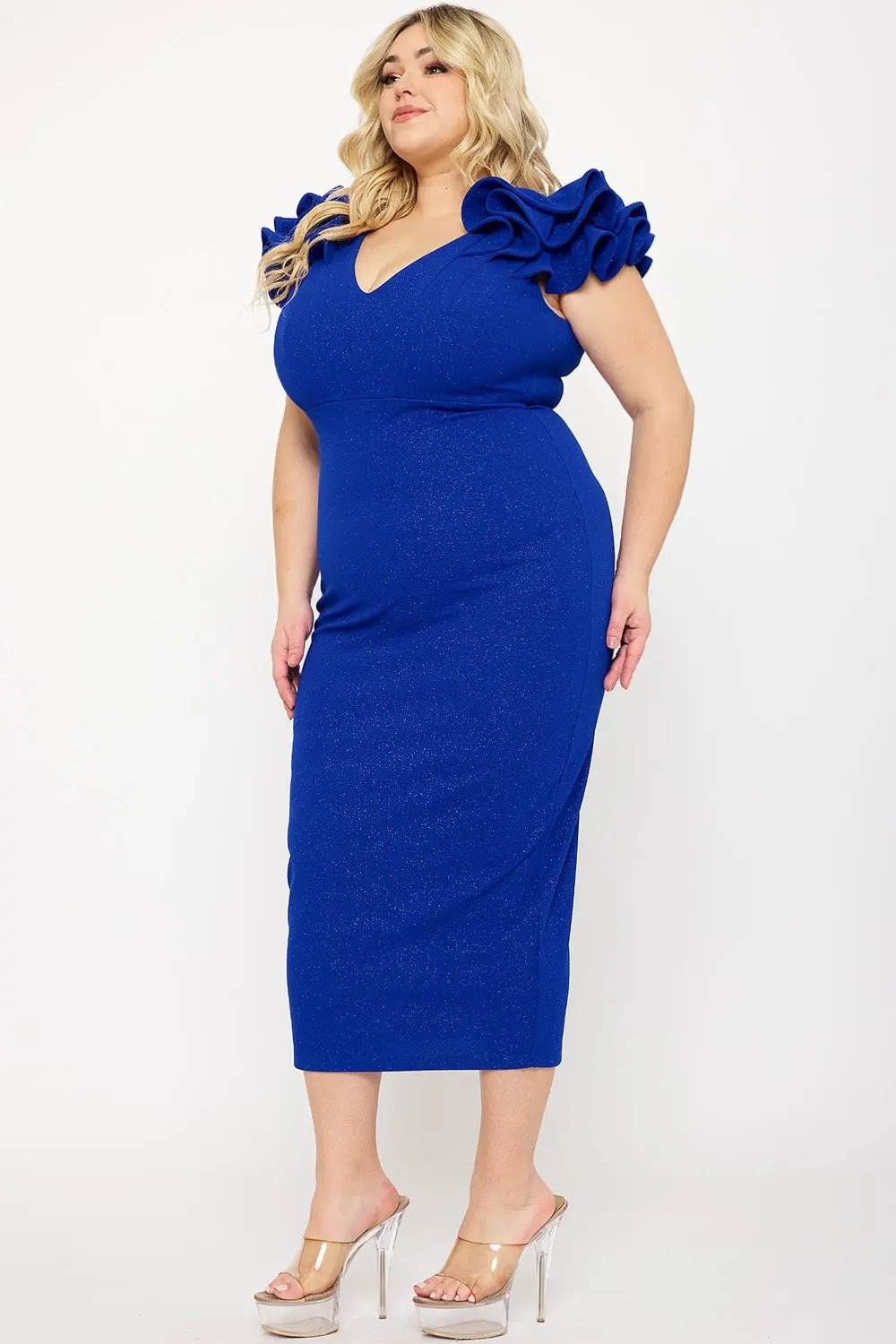 Plus Size Midi Dress – Glitter Ruffle Shoulder & Deep V-Neck Design BOUTINIE