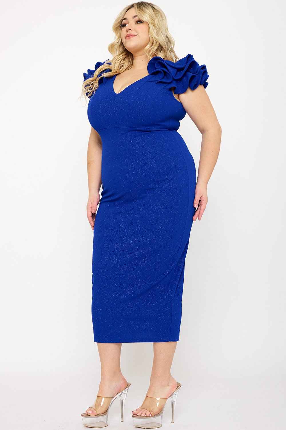 Glitter Ruffle Shoulders Plus Size Midi Dress