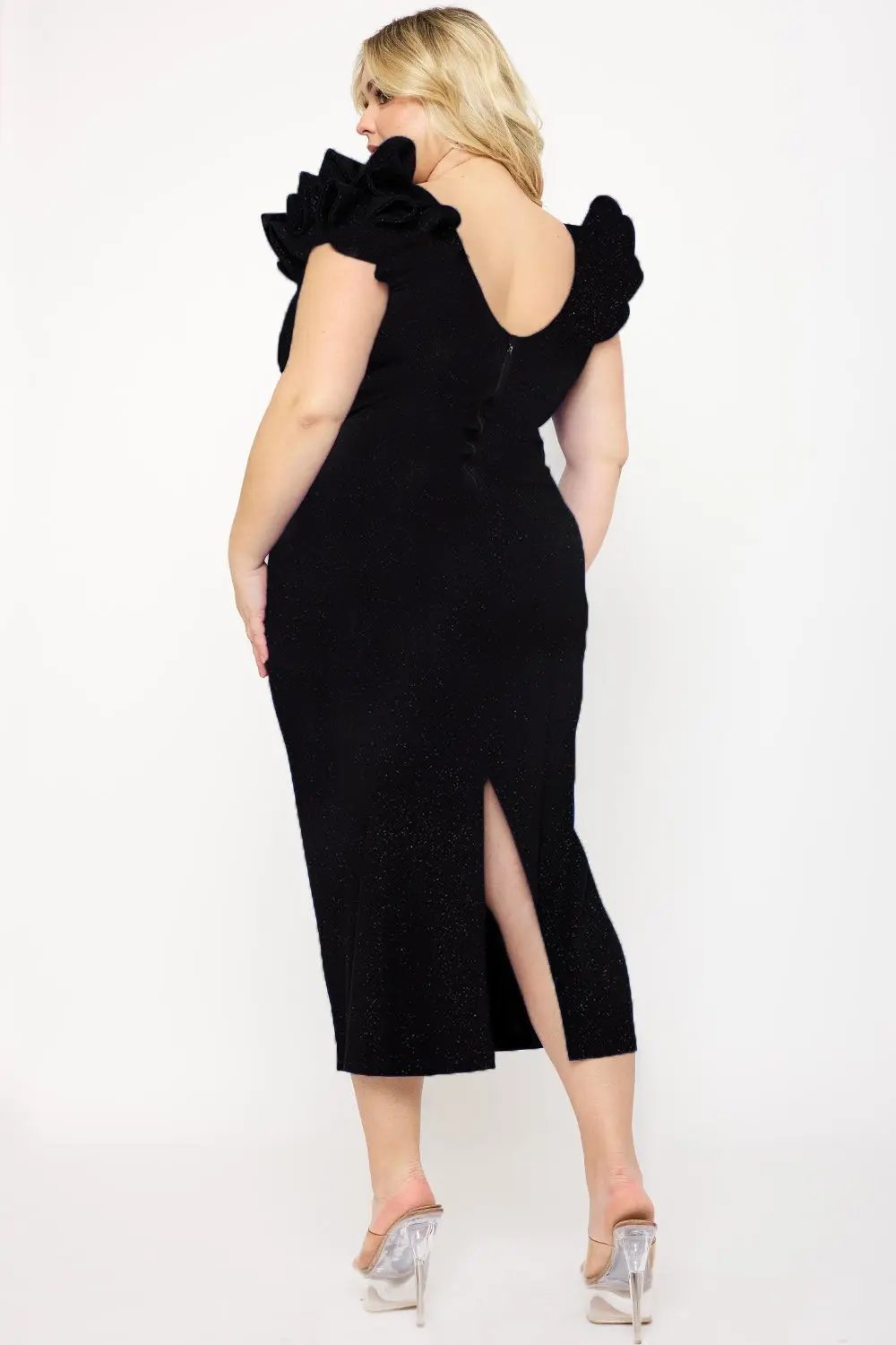 Plus Size Midi Dress – Glitter Ruffle Shoulder & Deep V-Neck Design BOUTINIE